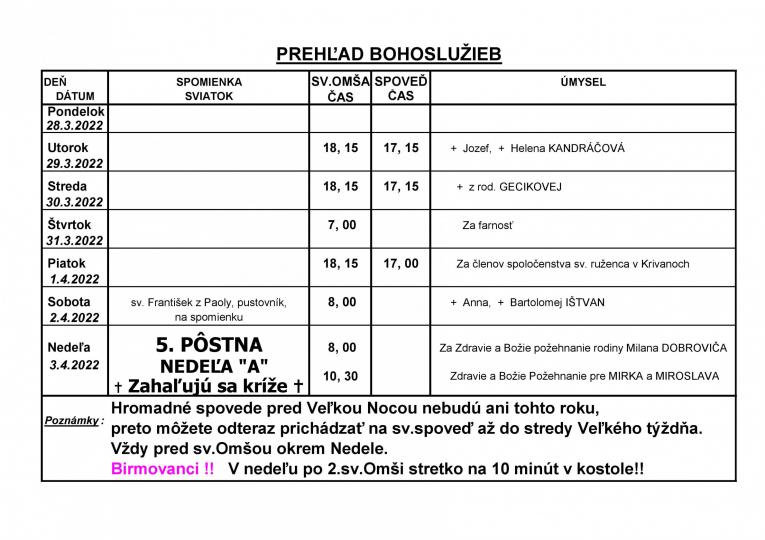 Prehľad Bohoslužieb v 13. týždni roku 2022 (28.03.2022 - 03.04.2022)