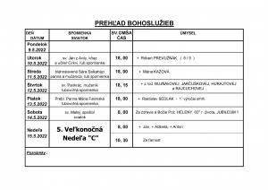 Prehľad Bohoslužieb v 19. týždni roku 2022 (09.05.2022 - 15.05.2022)